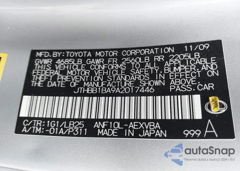 2010 Lexus Hs 250H from USA, damaged, VIN JTHBB1BA9A2017446